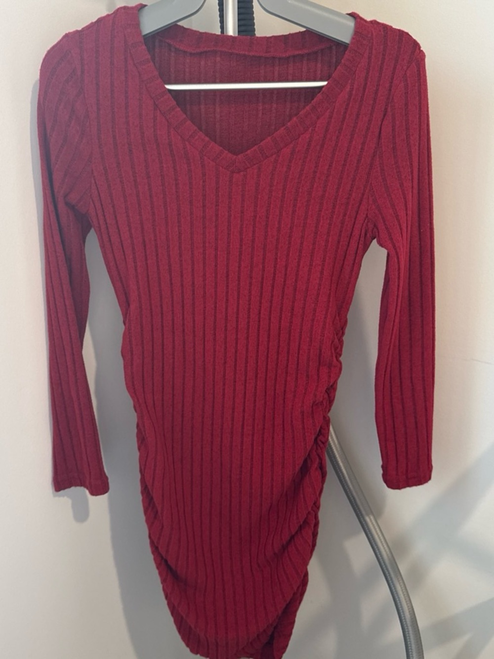 SHEIN Burgundy Ribbed V-Neck Long Sleeve Dress